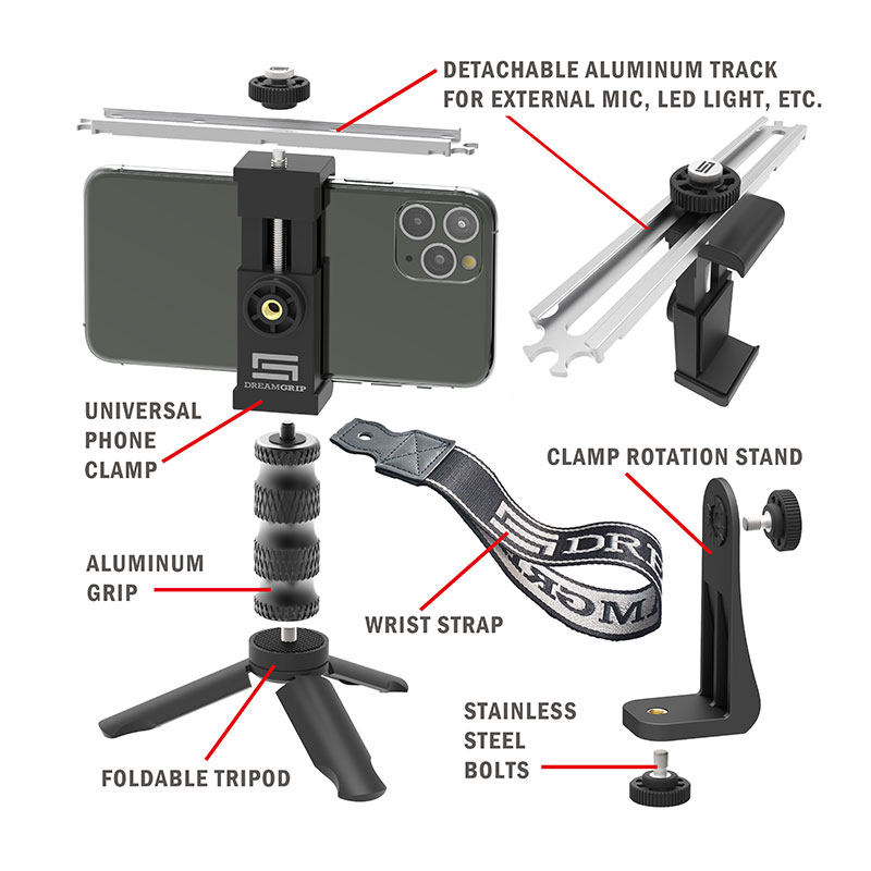 Universal Video Rig System for Vertical and Horizontal Shooting with Any Smartphone DREAMGRIP Scout XM with Patented Track Connector for External Lights Mic and Another Photo/Video Accessories